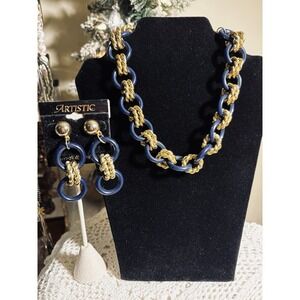 Retro 80s Artistic Jewelry Blue And Gold Earring Necklace Light Weight